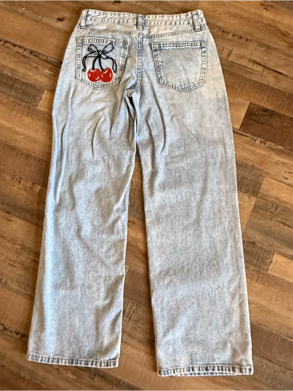 Light Wash Wide Leg Jeans with Cherry Embroidery - Women's Flare